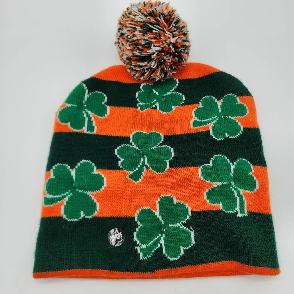 St. Patricks Day Light Up Beanie Hat Shamrock Knit Green One Size Irish Boston
